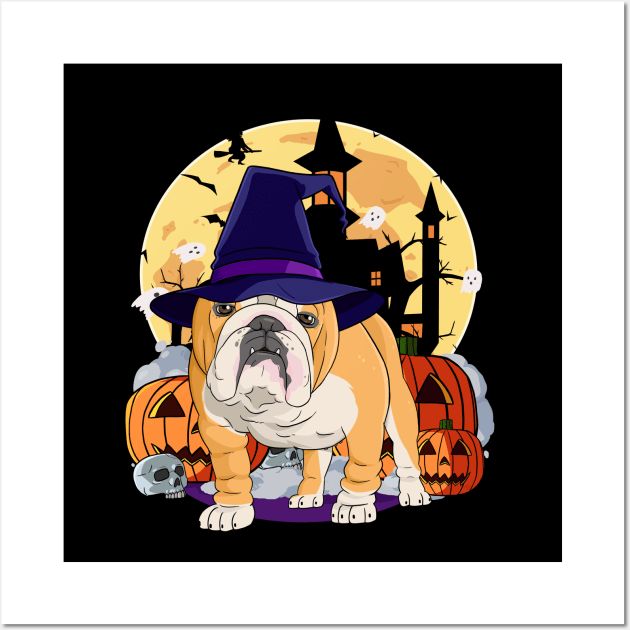 English Bulldog Happy Halloween Witch Pumpkin Wall Art by Noseking